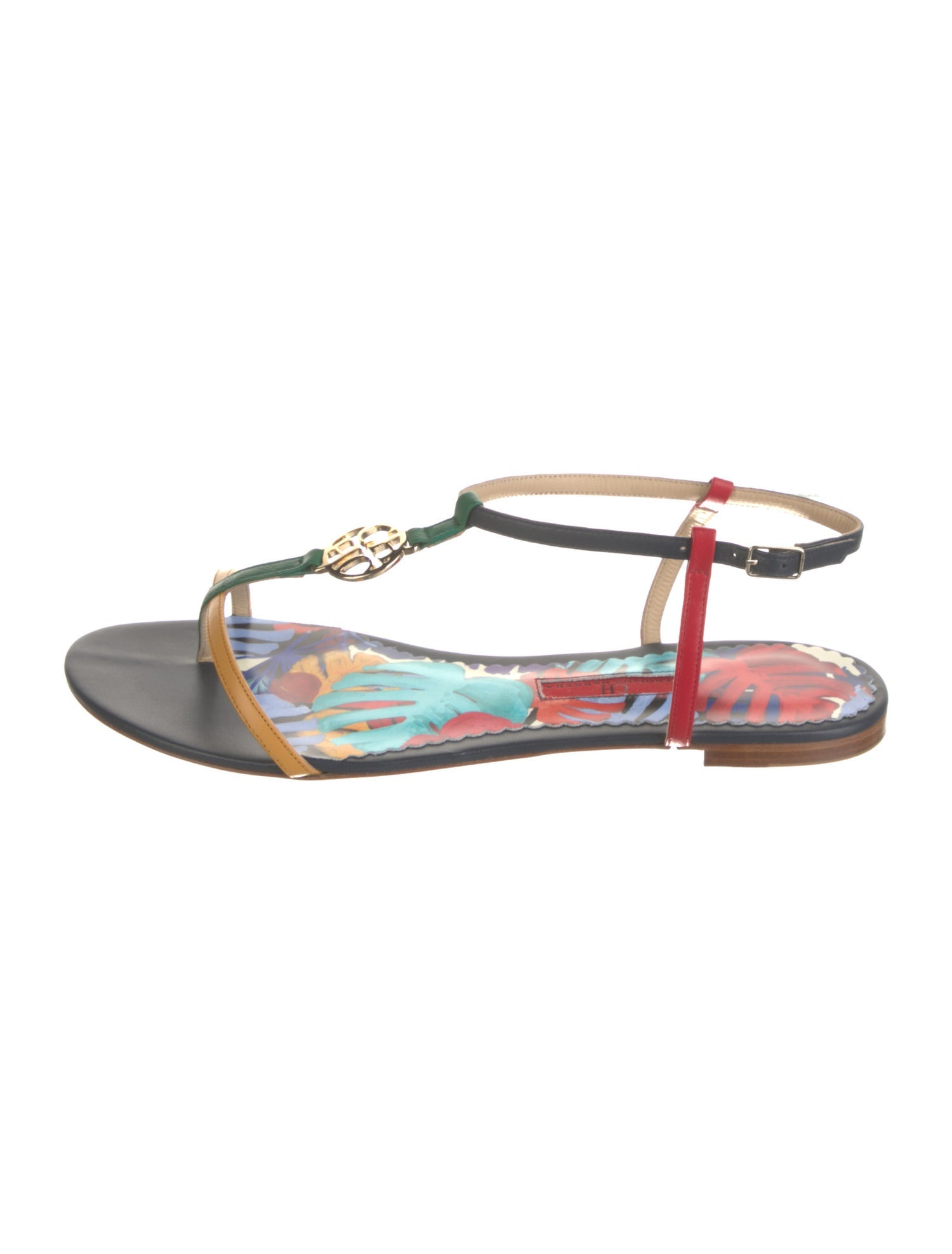 CH Carolina Herrera Leather Printed T-Strap Sandals
